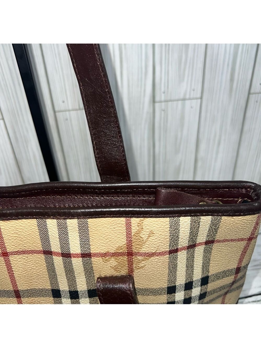 Burberry London Tote Bag Nova Check Plaid Canvas Leather Trim Shoulder Bag - Picture 8 of 16